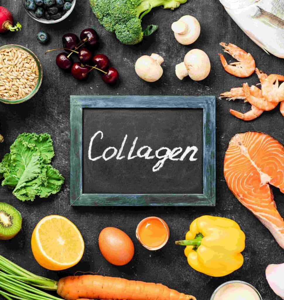 Display of vegetables and proteins that build collagen.